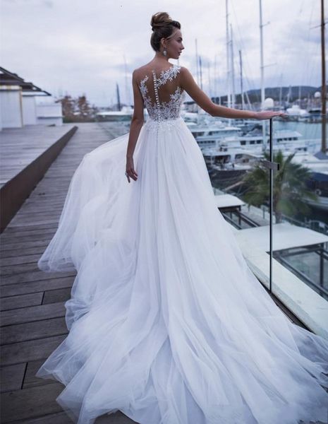 

new elegant 2021 bohemian sheer neck lace beach es tulle applique bridal wedding gowns vestidos de novia 8ffs, White