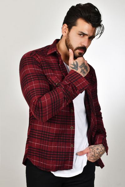 

Male Lumberjack Shirt Long Slim Fit Quality with Plaid Pattern Sobahar Winter 2101116 V6er, White;black