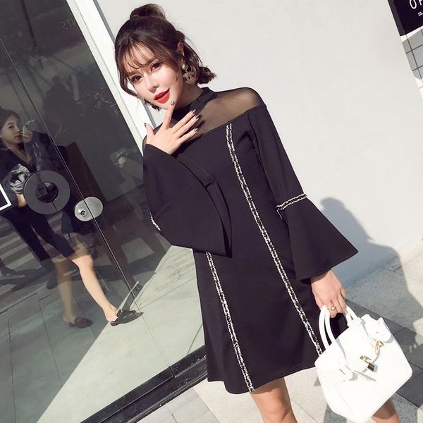 

casual dresses coigarsam women korean dress fashion one piece autumn spring 2022 full sleeve solid flare zipper black robe, Black;gray