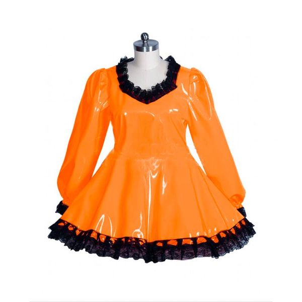 

casual dresses sissy women lolita pvc dress with lockable maid role playing a-line long sleeve faux leather lace trimming costume, Black;gray