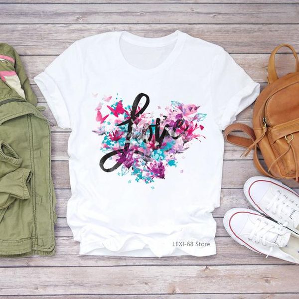 

vogue women tshirts love butterfly print t shirt femme valentine's day present female t-shirt women's clothing harajuku shirt, White