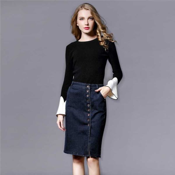 

skirts fashion ladies skirt single-breasted slit half-length hip bag denim black