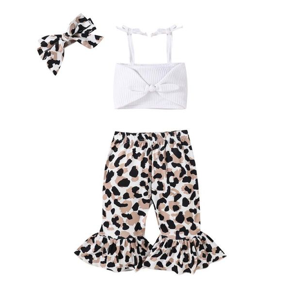 

clothing sets baby girls summer 3pcs clothes set, solid color cropped + leopard print flared trousers bow-knot headband, 0-24months, White