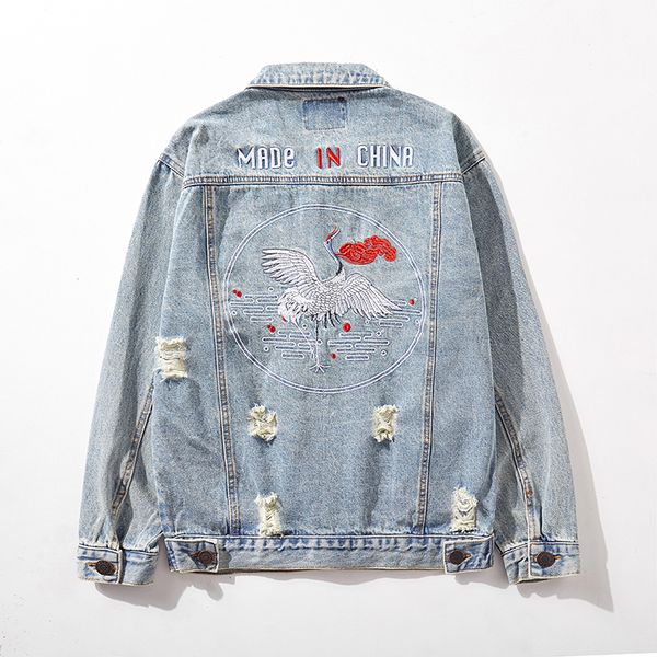 

2021 new high street red-crowned crane embroidery casual denim mens harajuku hole windbreaker jeans coat washed retro loose clothes zdwf, Black;brown