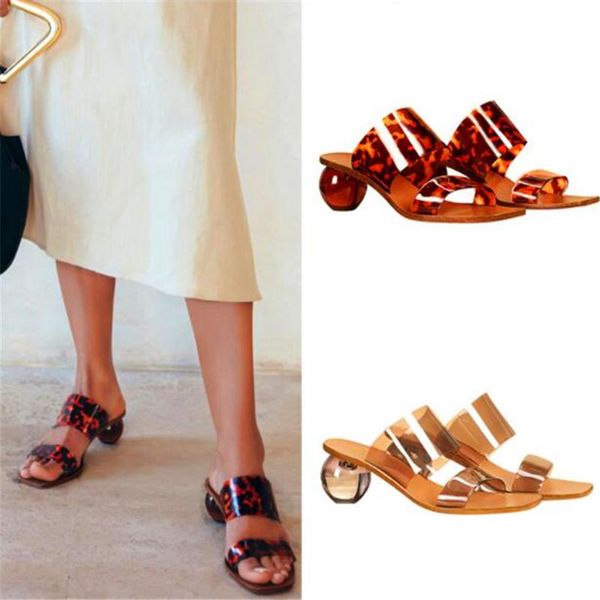 

slippers fashion square head lady high heel transparent leopard ball summer, Black