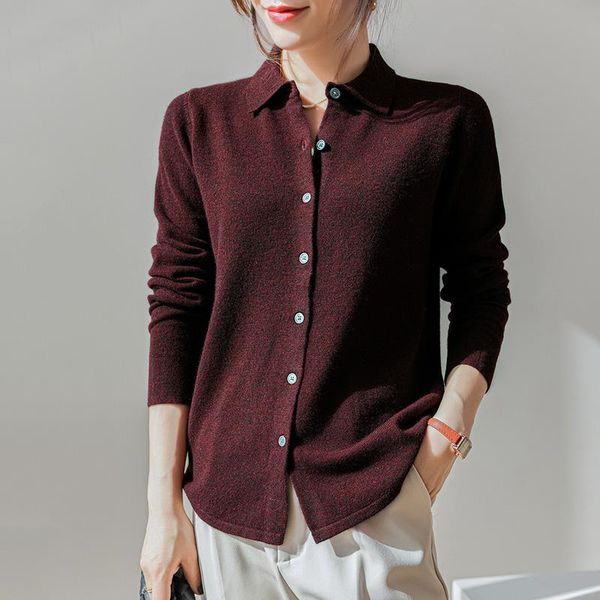 

women's knits & tees 2021 spring 100% wool knit cozy shirt lapel cardigan solid color sweater seasons casual jacket model buttons, White