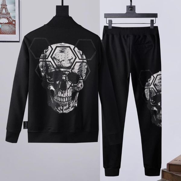 

men's tracksuits skull rhinestone suit 2-piece long-sleeved trousers cotton clothing street jacket sports autumn winter pants, Gray