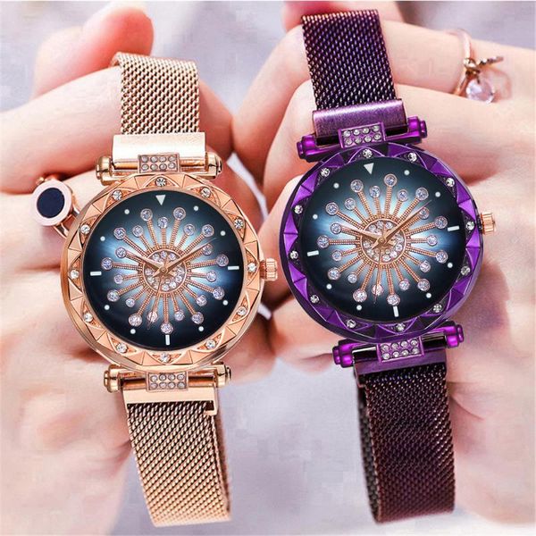 

wristwatches luxury women watches fashion magnet buckle rose gold ladies starry sky diamond gift quartz clock, Slivery;brown