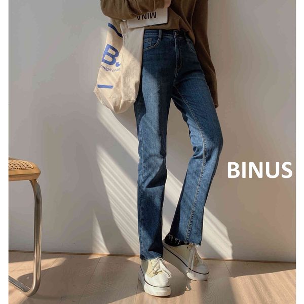 

spring binus wide leg jeans feminine commuting dark regular natural waist denim straight pants fashion b089, Blue