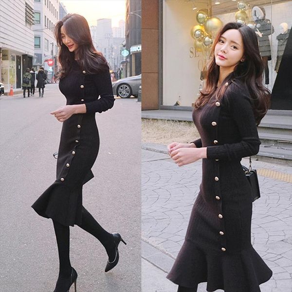 

winter sweater one piece korea womens dresses knitting long sleeve warm fishtail party for women clothing, Black;gray