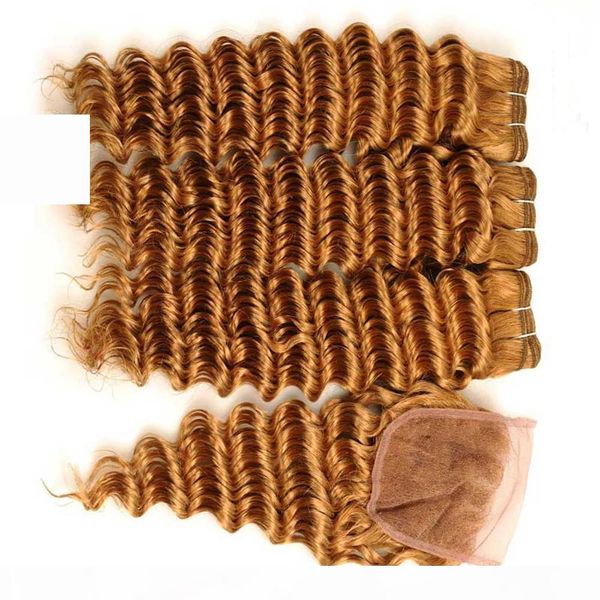 

deep wave pure 27 honey blonde brazilian human hair lace closure 4x4 with weaves strawberry blonde wavy human hair 3bundles with closure, Black;brown