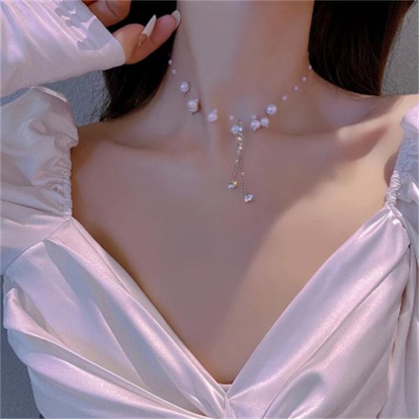 

chains arrive korean elegant pearl beads necklace for women fashion fish line rhinestone pendant collares jewelry gifts wholesale, Silver
