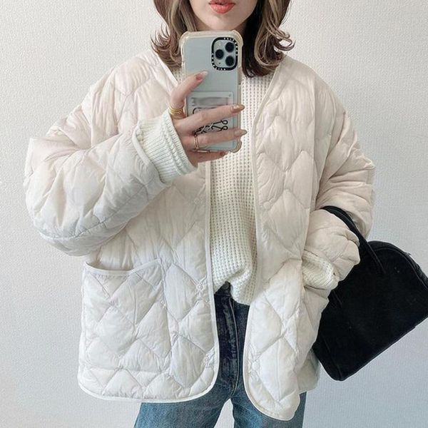 

women's jackets popbasic 2021 autumn winter women thick v-neck puffer corduroy parkas high-quality warm oversize vintage wild coat, Black;brown