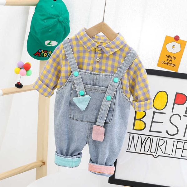 Комплект для младенцев, весенне-осенняя одежда для маленьких мальчиков, детская повседневная клетчатая рубашка с длинными рукавами + джинсовый комбинезон, спортивный костюм из 2 предметов