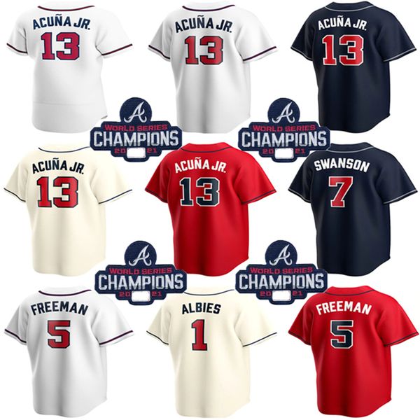

27 austin riley 13 ronald acuÃ±a jr. 20 marcell ozuna jersey 5 freddie an 7 dansby swanson 1 ozzie albies mike soroka baseball jerseys, Blue;black