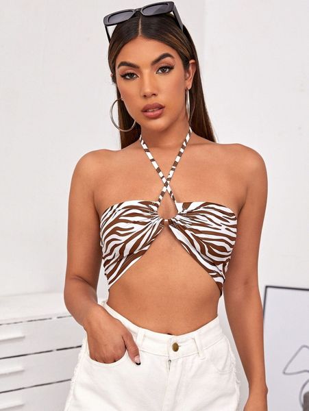 

crisscross tie backless zebra striped halter 19vw#, White