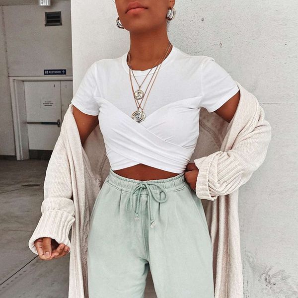 

wind 2020 summer new women's round neck sve bandage slim short open navel t-shirt, White