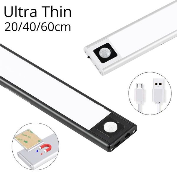 

cabinet light 20/40/60cm usb led lighting 3 modes pir motion sensor rechargeable black aluminum kitchen cabinets lights