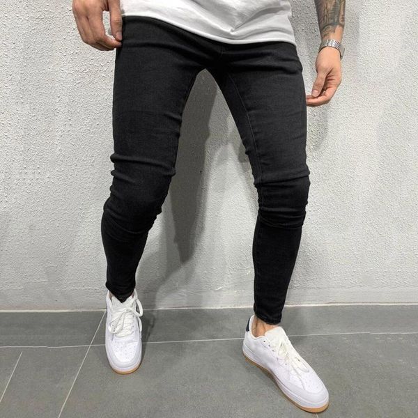 

mens autumn winter skinny casual fitness solid denim bodybuilding joggers pocket sports pants straight jeans sports trousers, Black