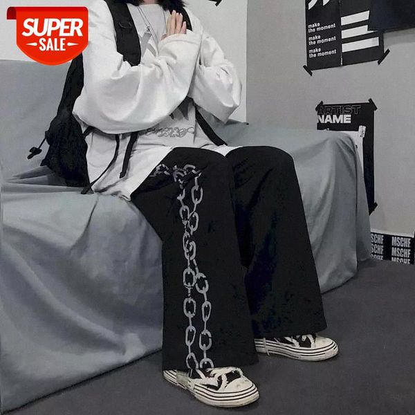

korean plus size pants goth wide leg clothes ins retro street made old chain pattern printing casual straight trousers men women #zl0y, Black;white