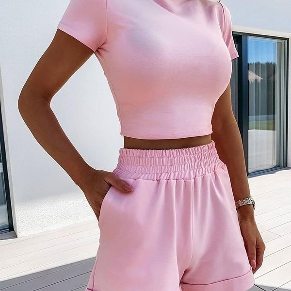 

yoga outfit 2pcs set women breathable short sleeve t-shirt + casual shorts fitness gym clothes female soild color running workout