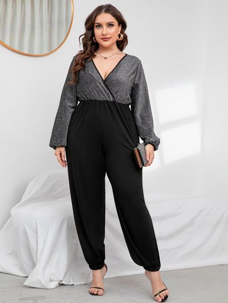 

plus lantern sleeve contrast binding glitter jumpsuit p3h7#, Black