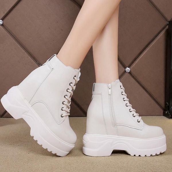 

boots women platform 2021 height increasing waterproof sneakers winter 8cm high heel thick sole trainers leather shoes, Black