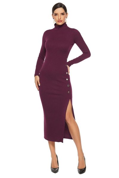 

casual dresses 2021 autumn dress women turtleneck full sleeve slim split knitting cotton mid calf office lady yd8001, Black;gray