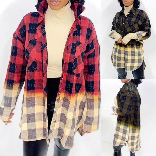 

women blouse fashion classic blocking plaid shirt casual pocket long sleeve spring autumn all-match loose ropa mujer 2021 p women's bl, White