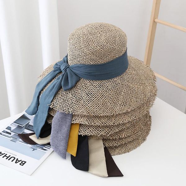 

wide brim hats lady beach sand sun shade silk ribbon floppy straw hat outdoor travel beautiful and practical caps, Blue;gray