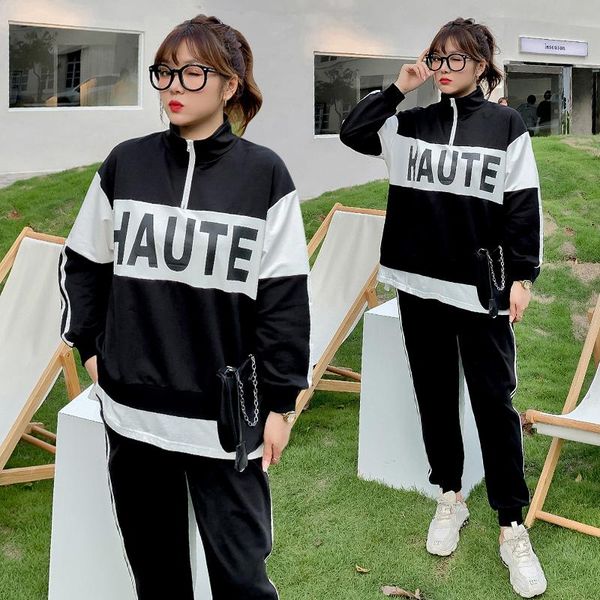 

autumn new women's sport suit large size korean preppy style contrast color letter print two piece set 7400, White