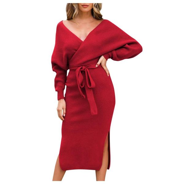 

casual dresses batwing sleeve women knit sweater office lady v neck wrap dress solid color bandage split vestido midi 40#, Black;gray