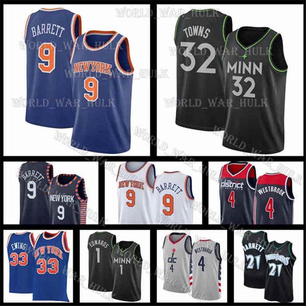 

new york patrick 33 ewing knicks jersey rj 9 barrett 4 westbrook russell karl-anthony towns washington minnesota wizards timberwolves, Black;blue
