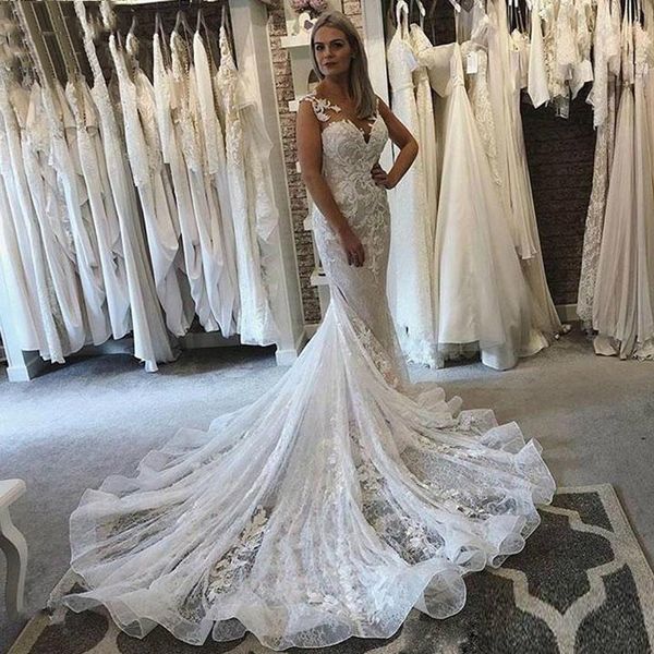 

scoop neck lace mermaid wedding dresses appliqued sweep train tulle plus size bridal gowns vestidos de novia, White
