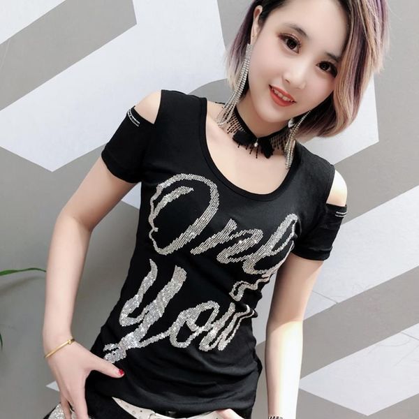 

european off shoulder diamonds letter tshirt 2021 new summer women women short sleeve back shirt camiseta mujer t97410, White