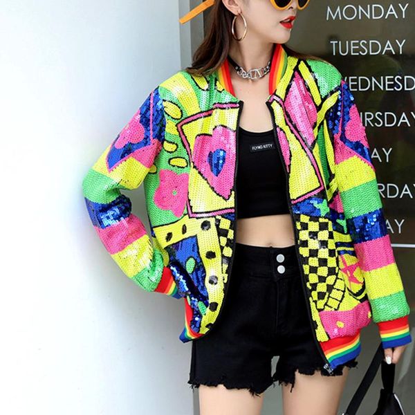 

women's jackets streetwear spring autumn coat women cartoon cute colorful hearts sequins loose oversized outwear baseball coats nz58, Black;brown
