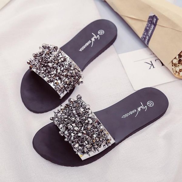 

slippers silver rhinestone women slides summer beach fashion 2021 sandals rivet casual flats ladies shoes shiny, Black