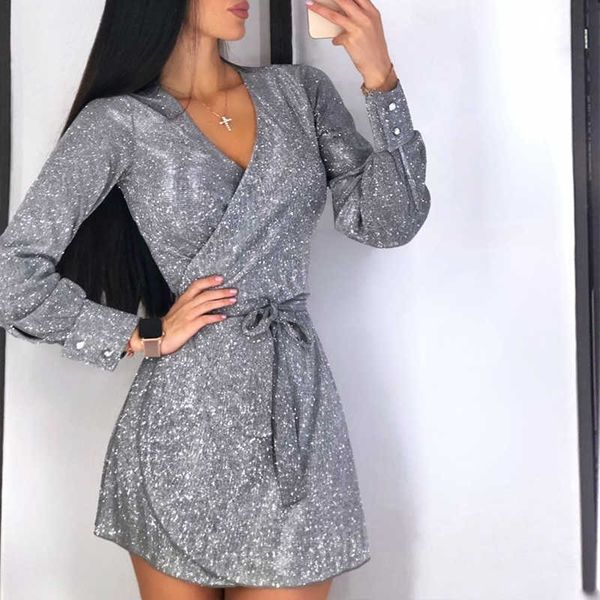 

casual dresses autumn glitter v neck women long sleeve slim female sashes a-line bodycon midi nightclub party vestidos o1hv, Black;gray