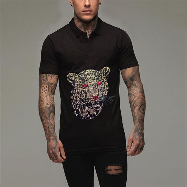

spring and summer shirt mens polo design rhinestone leopard breathable lapel tees business street short sleeve large size, White;black