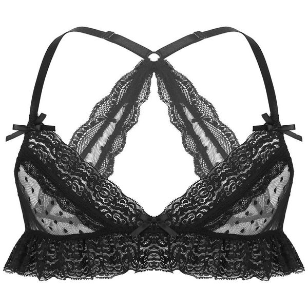 

mens lingerie sissy bra see through sheer dotted mesh adjustable shoulder straps racer back lace trim wire-unlined bra top, Red;black