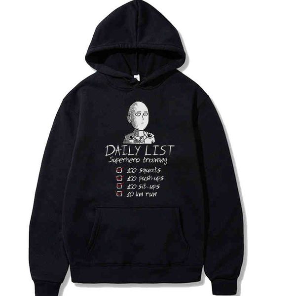 

harajuku one punch daily list japane anime printed men's hoodie streetwear casual, Black