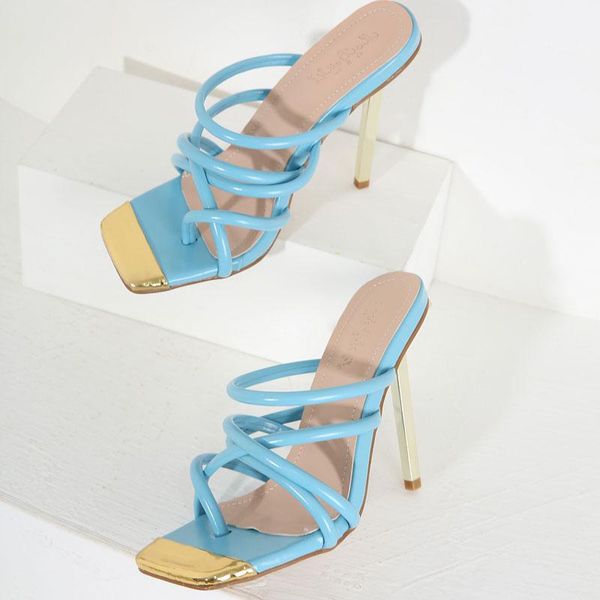 

slippers 2021 summer fashion women narrow band high heels sandals metal square toe flip flops ladies party slides shoes zapatos, Black