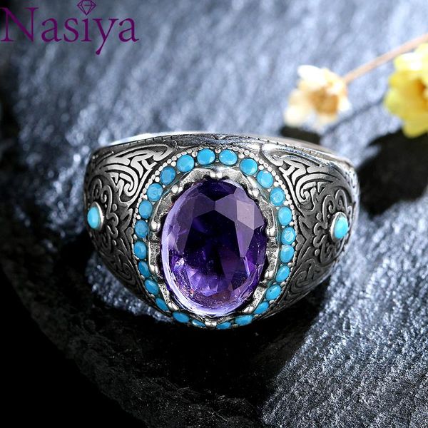 

cluster rings silver retro ring for men women oval amethyst zircon purple gemstone jewelry male thai turkish, Golden;silver