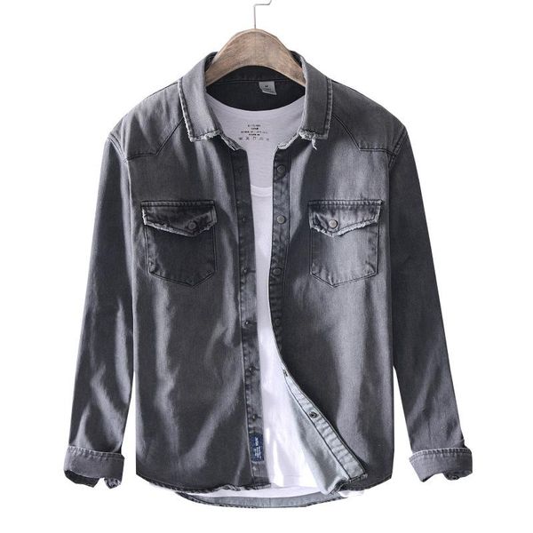 

men's casual shirts denim 2021 spring fashion square collar blue black cotton long sleeve male clothes, White;black