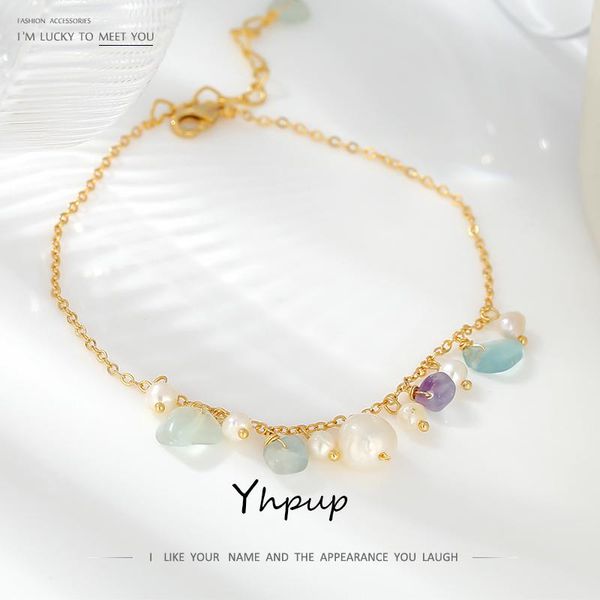 

anklets yhpup romantic natural stone exquisite leg-chain 2021 handmade pearl korean metal charm jewelry for women summer, Red;blue
