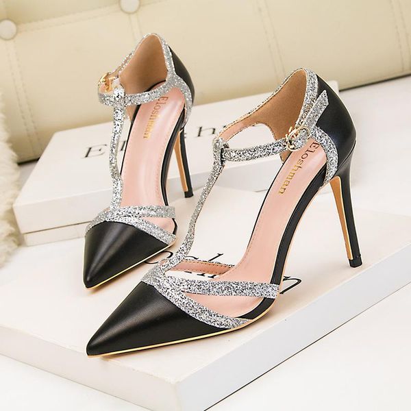

dress shoes shinning glitte women thin high heels pumps nude red pointed toe t-strap wedding party, Black