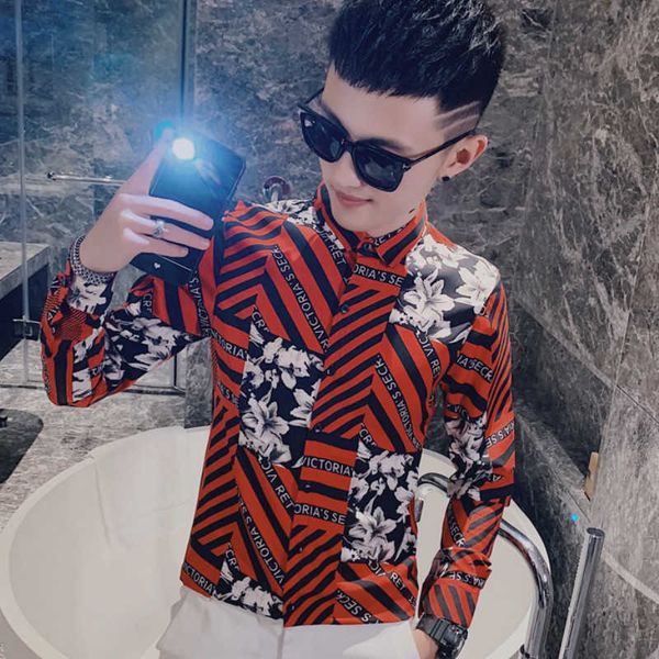 

autumn chemise homme floral shirts for men long sleeve casual shirt streetwear social party nightclub camisa masculina 210527, White;black