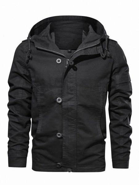 

men drawstring detail hooded button up jacket 21gj#, Black;brown