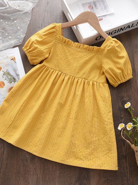 

toddler girls grid puff sleeve frilled button back dress she, Red;yellow