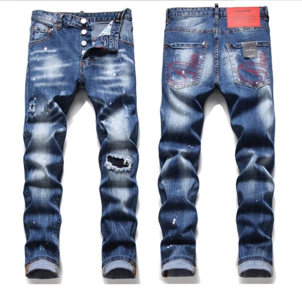 

men's jeans 2021 style fashion brand slim stretch red embroidery white jean men, Blue